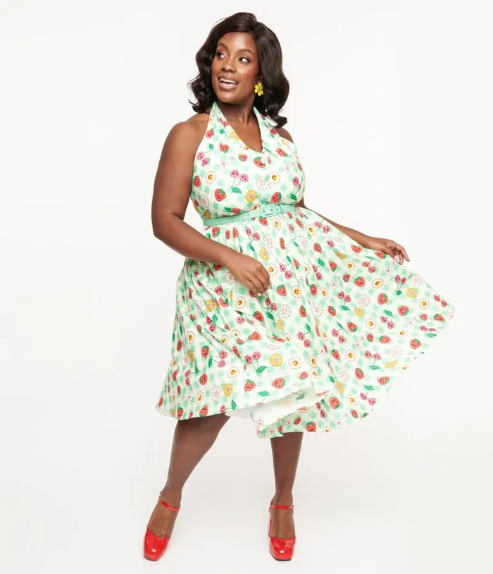 Plus Size 1950s Green Gingham Spooky Fruit Print Halter Swing Dress DressesHalloweenPlus Unique Vintage Dresses Plus Size 1950s Green Gingham Spooky Fruit Print Halter Swing Dress DressesHalloweenPlus Unique Vintage Dresses