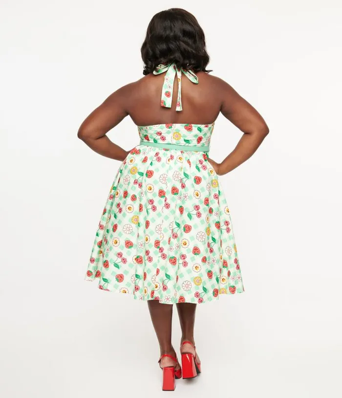 Plus Size 1950s Green Gingham Spooky Fruit Print Halter Swing Dress DressesHalloweenPlus Unique Vintage Dresses