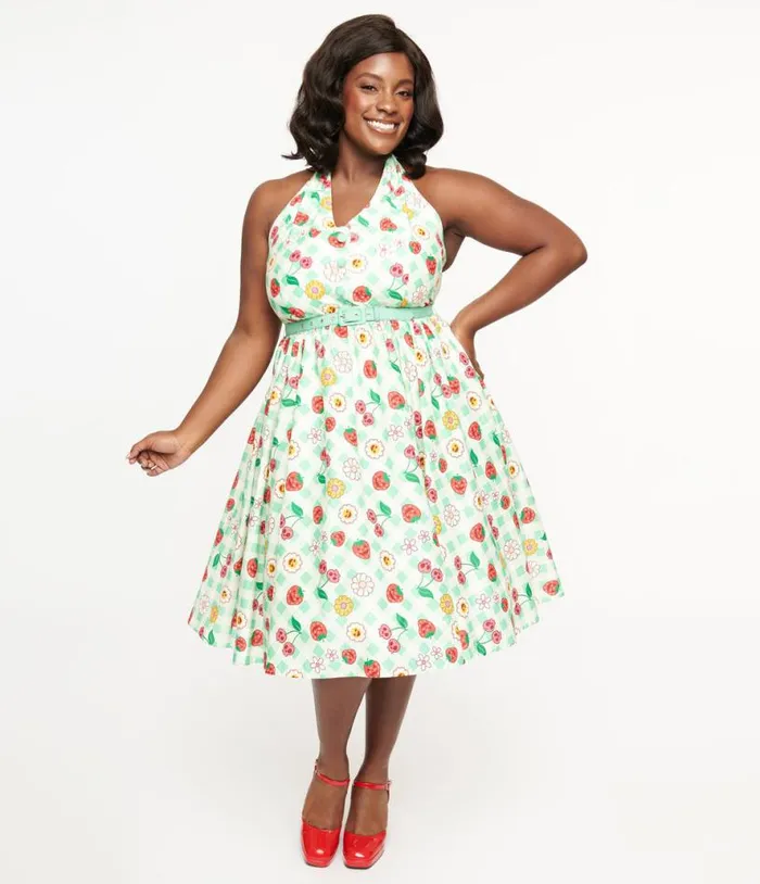 Plus Size 1950s Green Gingham Spooky Fruit Print Halter Swing Dress DressesHalloweenPlus Unique Vintage Dresses