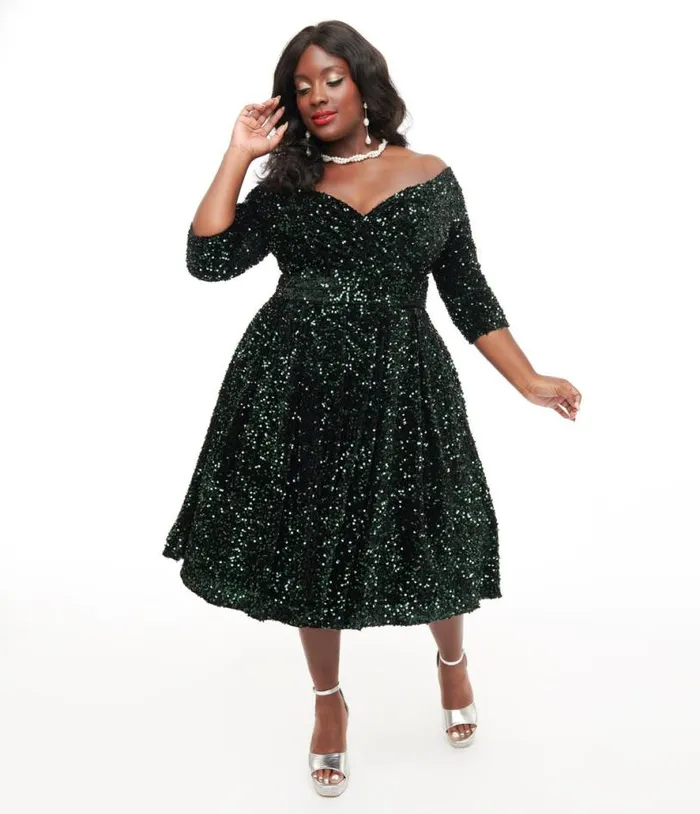 Plus Size 1950s Green Velvet Sequin Marceline Swing Dress DressesPlus Unique Vintage Pocket Dresses Plus Size 1950s Green Velvet Sequin Marceline Swing Dress DressesPlus Unique Vintage Pocket Dresses
