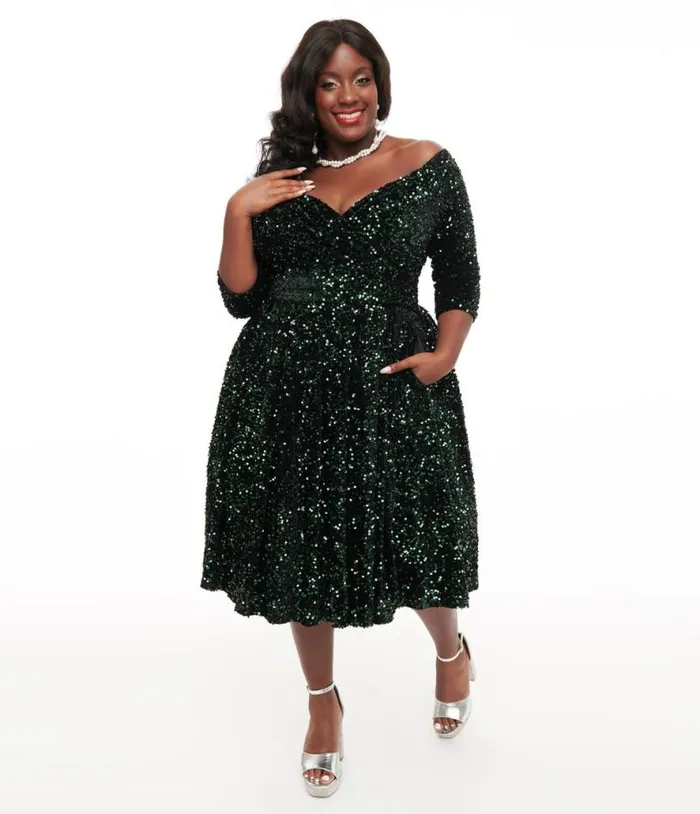 Plus Size 1950s Green Velvet Sequin Marceline Swing Dress DressesPlus Unique Vintage Pocket Dresses