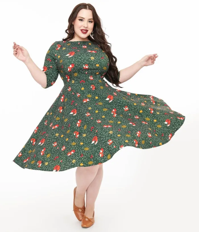 Plus Size 1950s Green Winter Fox Devon Swing Dress DressesPlus Unique Vintage Pocket Dresses