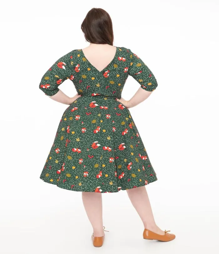 Plus Size 1950s Green Winter Fox Devon Swing Dress DressesPlus Unique Vintage Pocket Dresses