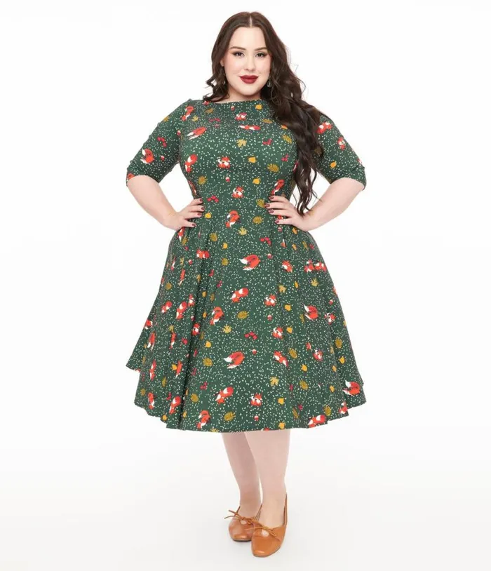 Plus Size 1950s Green Winter Fox Devon Swing Dress DressesPlus Unique Vintage Pocket Dresses