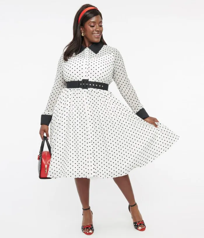 Plus Size 1950s Ivory and Black Polka Dot Tulle Swing Dress DressesPlus Unique Vintage Swing Plus Size 1950s Ivory and Black Polka Dot Tulle Swing Dress DressesPlus Unique Vintage Swing