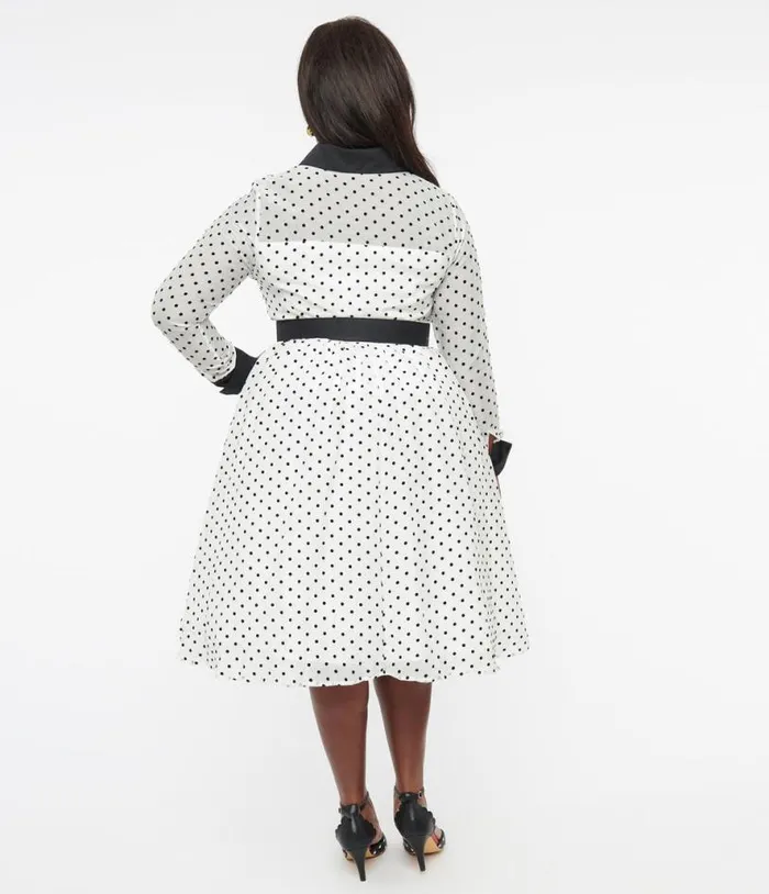 Plus Size 1950s Ivory and Black Polka Dot Tulle Swing Dress DressesPlus Unique Vintage Swing