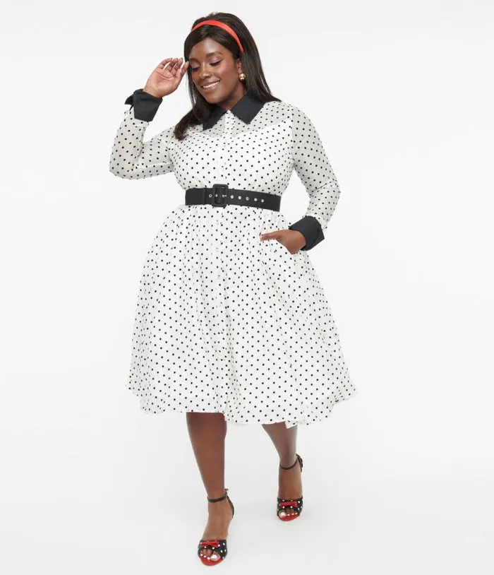 Plus Size 1950s Ivory and Black Polka Dot Tulle Swing Dress DressesPlus Unique Vintage Swing