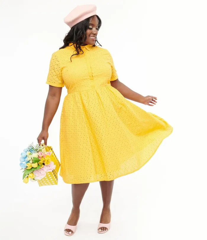 Plus Size 1950s Marigold Eyelet Cotton Harlow Dress DressesPlus Unique Vintage Swing Plus Size 1950s Marigold Eyelet Cotton Harlow Dress DressesPlus Unique Vintage Swing
