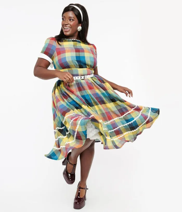 Plus Size 1950s Multicolor Plaid Cotton Swing Dress DressesPlus Unique Vintage Swing Plus Size 1950s Multicolor Plaid Cotton Swing Dress DressesPlus Unique Vintage Swing