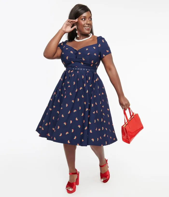 Plus Size 1950s Navy and Rainbow Stamp Midge Swing Dress DressesPlus Unique Vintage Swing Plus Size 1950s Navy and Rainbow Stamp Midge Swing Dress DressesPlus Unique Vintage Swing