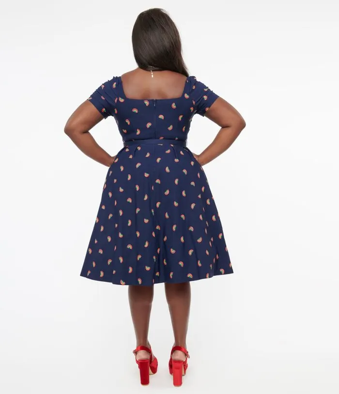 Plus Size 1950s Navy and Rainbow Stamp Midge Swing Dress DressesPlus Unique Vintage Swing