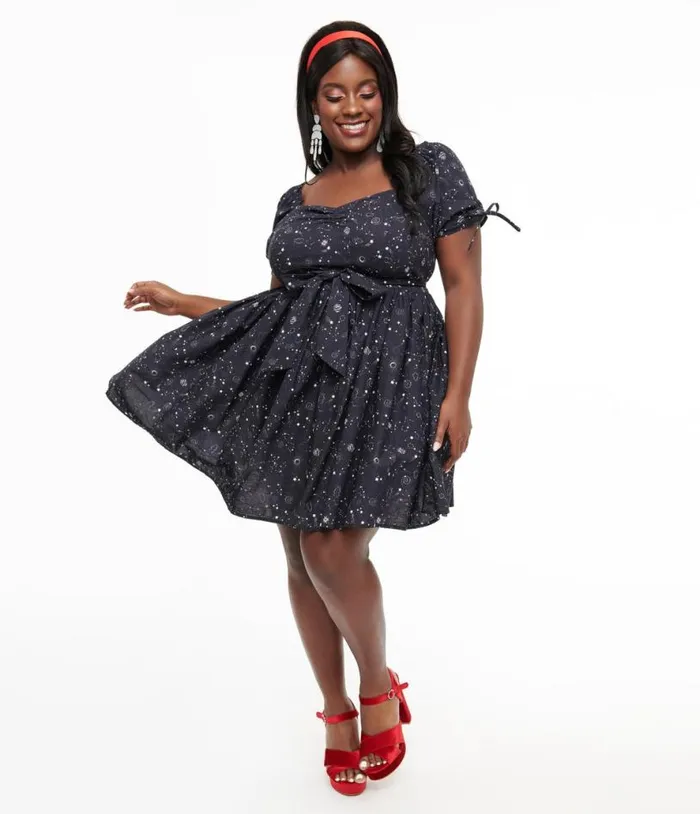 Plus Size 1950s Navy Cosmos Print Swing Dress DressesPlus Unique Vintage Pocket Dresses Plus Size 1950s Navy Cosmos Print Swing Dress DressesPlus Unique Vintage Pocket Dresses