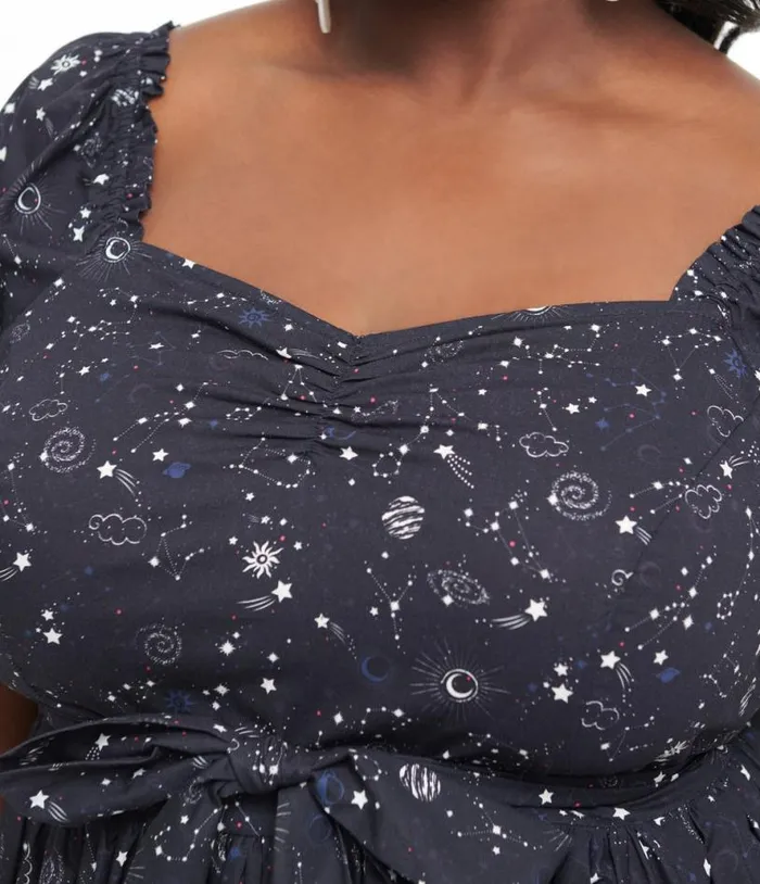 Plus Size 1950s Navy Cosmos Print Swing Dress DressesPlus Unique Vintage Pocket Dresses