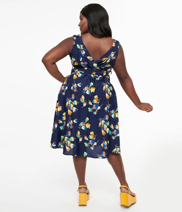 Plus Size 1950s Navy Floral Print Swing Dress DressesPlus Unique Vintage Swing