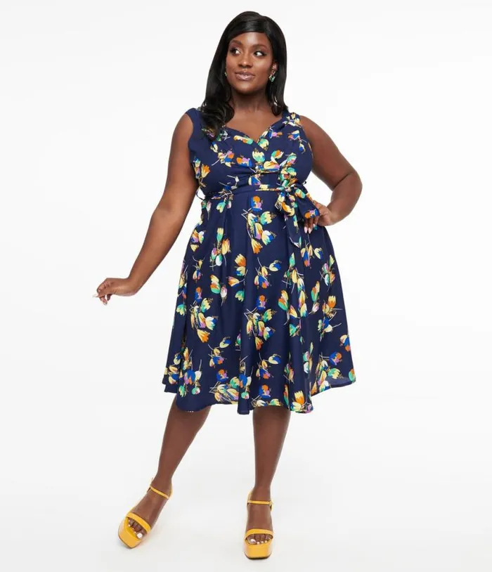 Plus Size 1950s Navy Floral Print Swing Dress DressesPlus Unique Vintage Swing