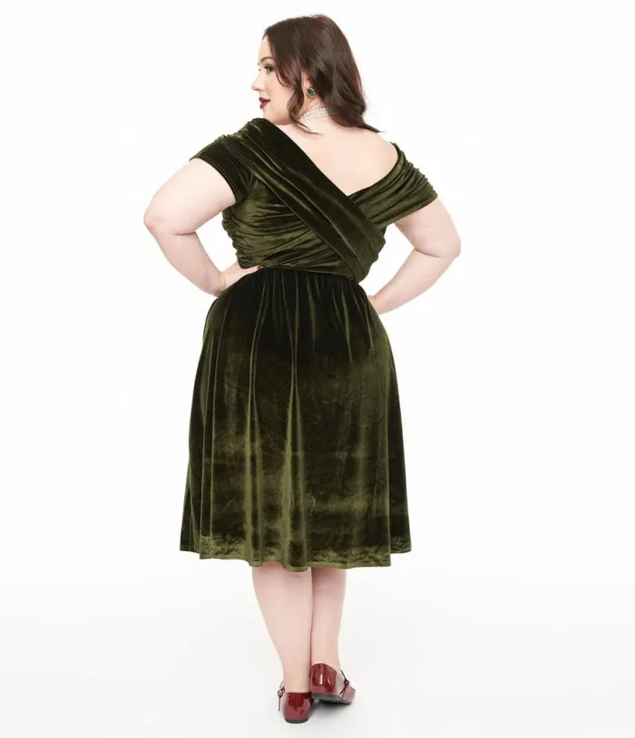 Plus Size 1950s Olive Green Shirred Velvet Swing Dress DressesPlus Unique Vintage Pocket Dresses