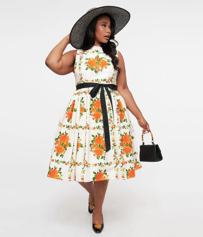 Plus Size 1950s Orange Fall Floral Sleeveless Swing Dress DressesPlus Unique Vintage Pocket Dresses Plus Size 1950s Orange Fall Floral Sleeveless Swing Dress DressesPlus Unique Vintage Pocket Dresses
