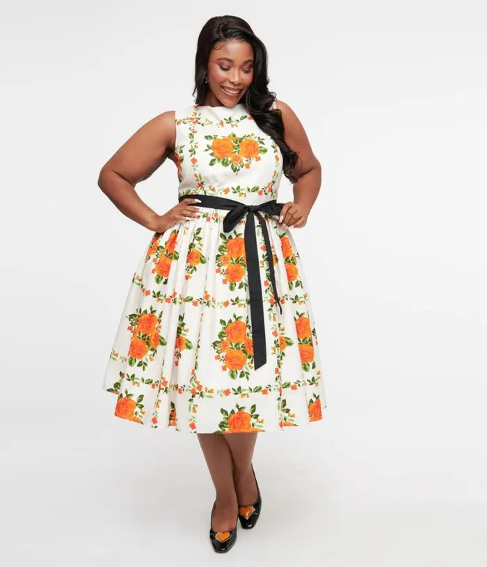Plus Size 1950s Orange Fall Floral Sleeveless Swing Dress DressesPlus Unique Vintage Pocket Dresses