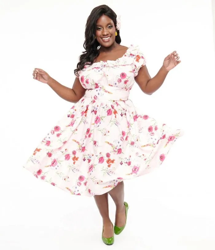 Plus Size 1950s Pink Floral Off The Shoulder Ruffle Swing Dress DressesPlus Unique Vintage Pocket Dresses Plus Size 1950s Pink Floral Off The Shoulder Ruffle Swing Dress DressesPlus Unique Vintage Pocket Dresses