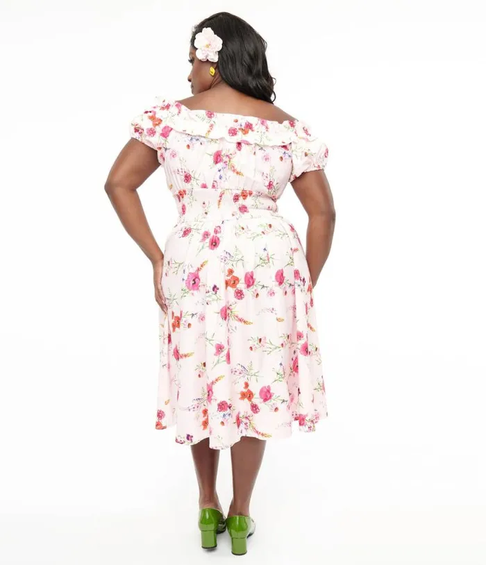 Plus Size 1950s Pink Floral Off The Shoulder Ruffle Swing Dress DressesPlus Unique Vintage Pocket Dresses