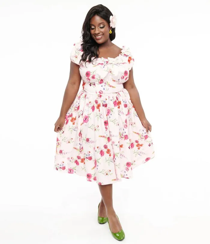 Plus Size 1950s Pink Floral Off The Shoulder Ruffle Swing Dress DressesPlus Unique Vintage Pocket Dresses