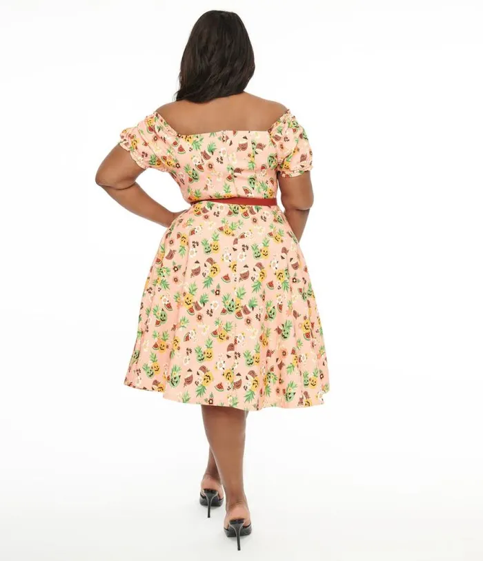 Plus Size 1950s Pink JackOLantern Fruit Ohara Swing Dress DressesPlus Unique Vintage Swing