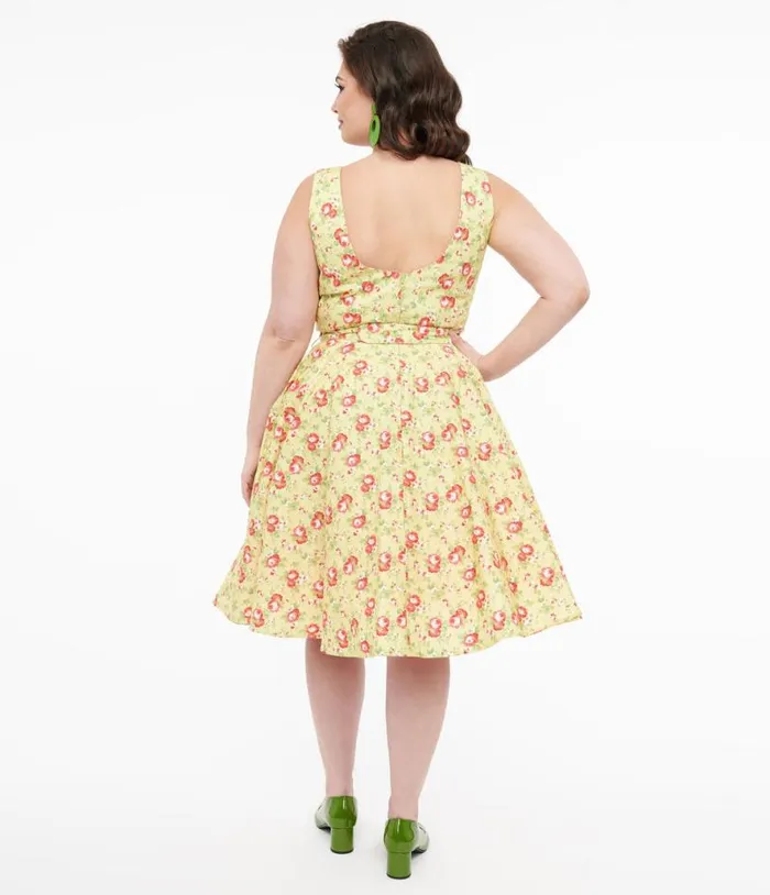 Plus Size 1950s Pistachio Green and Pink Floral Cotton Selda Swing Dress DressesPlus Unique Vintage Pocket Dresses