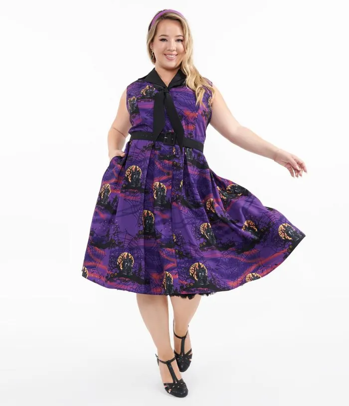 Plus Size 1950s Purple Halloween Print Edith Swing Dress DressesHalloweenPlus Unique Vintage Pocket Dresses Plus Size 1950s Purple Halloween Print Edith Swing Dress DressesHalloweenPlus Unique Vintage Pocket Dresses