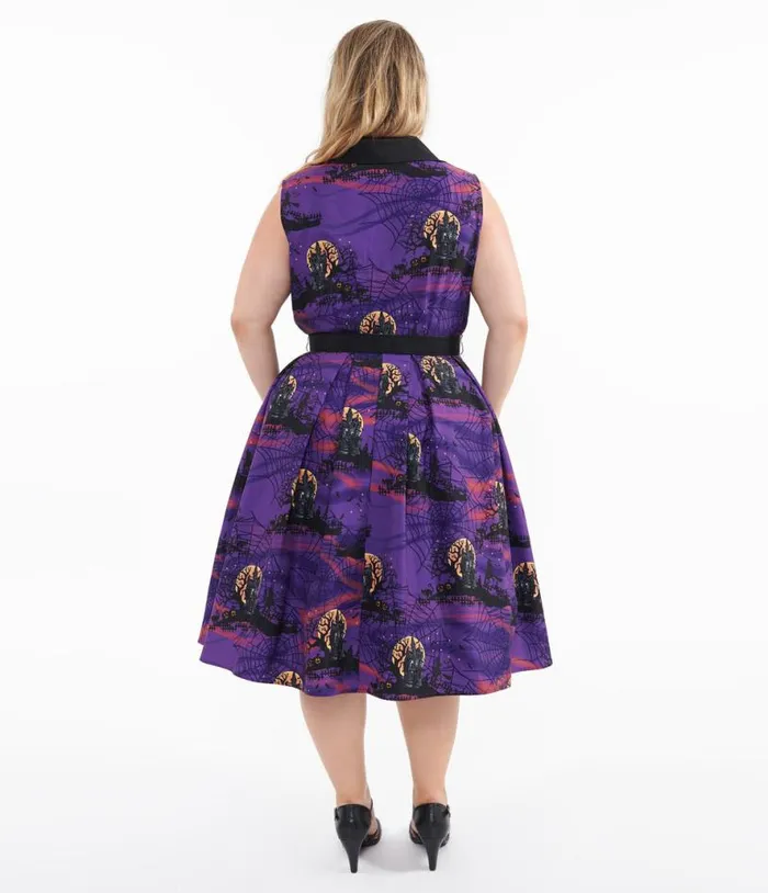Plus Size 1950s Purple Halloween Print Edith Swing Dress DressesHalloweenPlus Unique Vintage Pocket Dresses