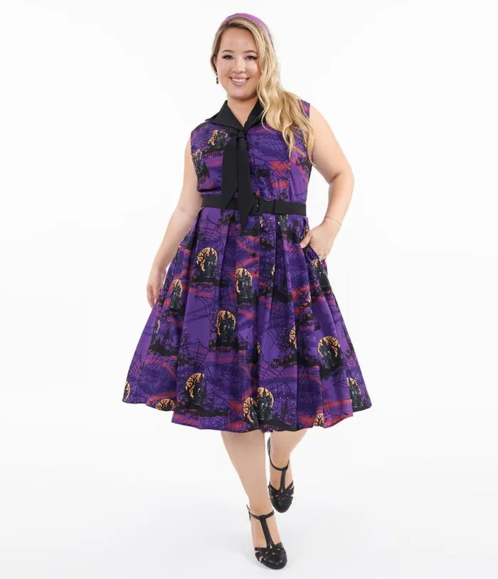 Plus Size 1950s Purple Halloween Print Edith Swing Dress DressesHalloweenPlus Unique Vintage Pocket Dresses