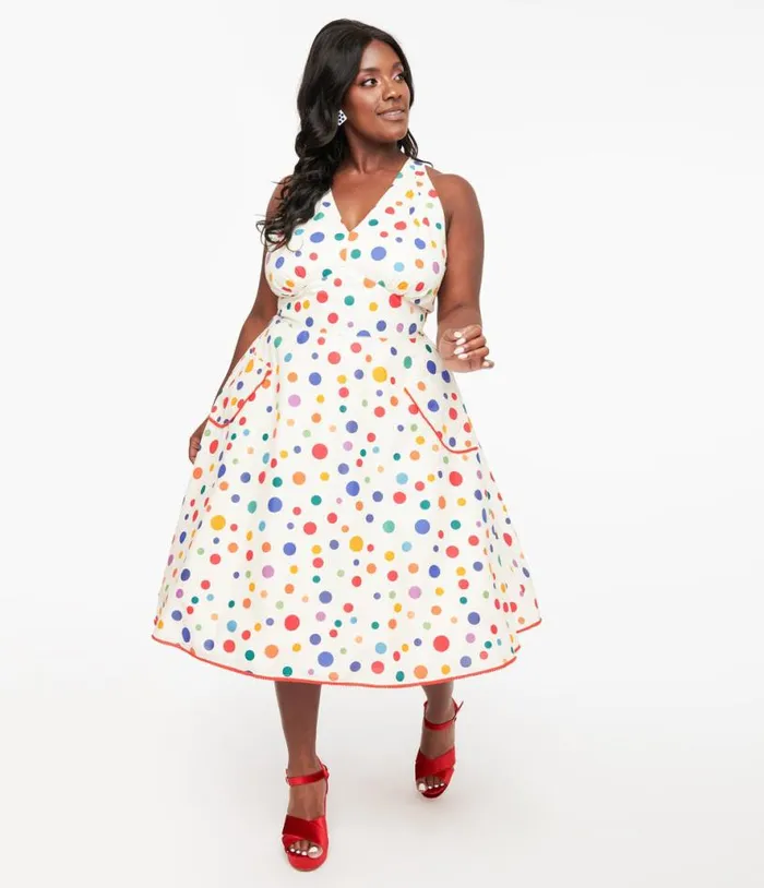 Plus Size 1950s Rainbow Polka Dot Cotton Halter Swing Dress DressesPlus Unique Vintage Pocket Dresses