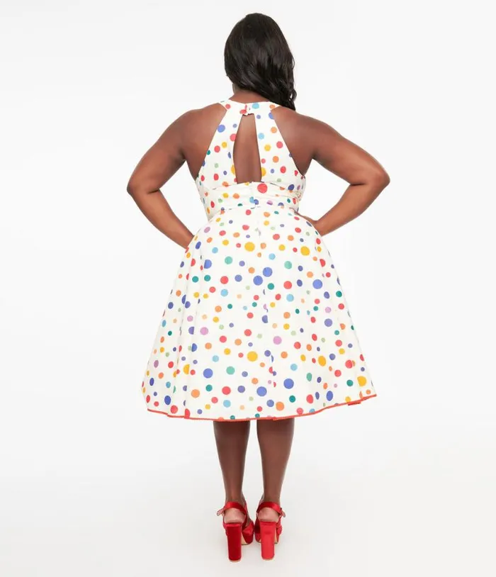 Plus Size 1950s Rainbow Polka Dot Cotton Halter Swing Dress DressesPlus Unique Vintage Pocket Dresses