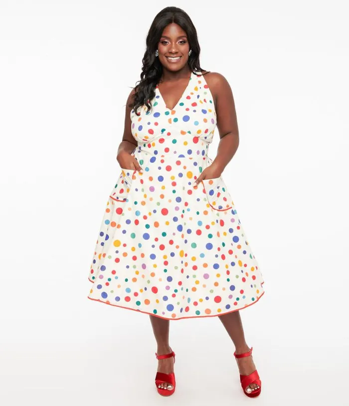 Plus Size 1950s Rainbow Polka Dot Cotton Halter Swing Dress DressesPlus Unique Vintage Pocket Dresses