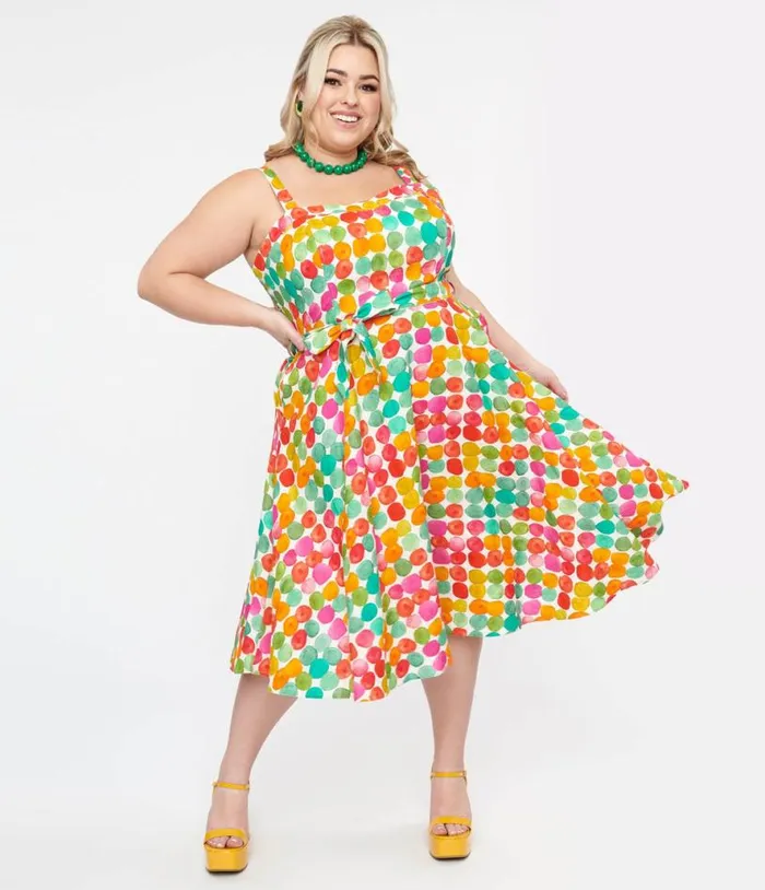 Plus Size 1950s Rainbow Watercolor Polka Dot Lori Swing Dress DressesPlus Unique Vintage Pocket Dresses Plus Size 1950s Rainbow Watercolor Polka Dot Lori Swing Dress DressesPlus Unique Vintage Pocket Dresses