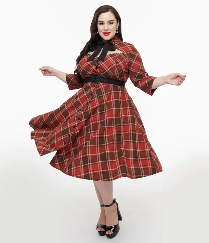 Plus Size 1950s Red and Brown Bias Plaid Swing Dress DressesPlus Unique Vintage Pocket Dresses Plus Size 1950s Red and Brown Bias Plaid Swing Dress DressesPlus Unique Vintage Pocket Dresses