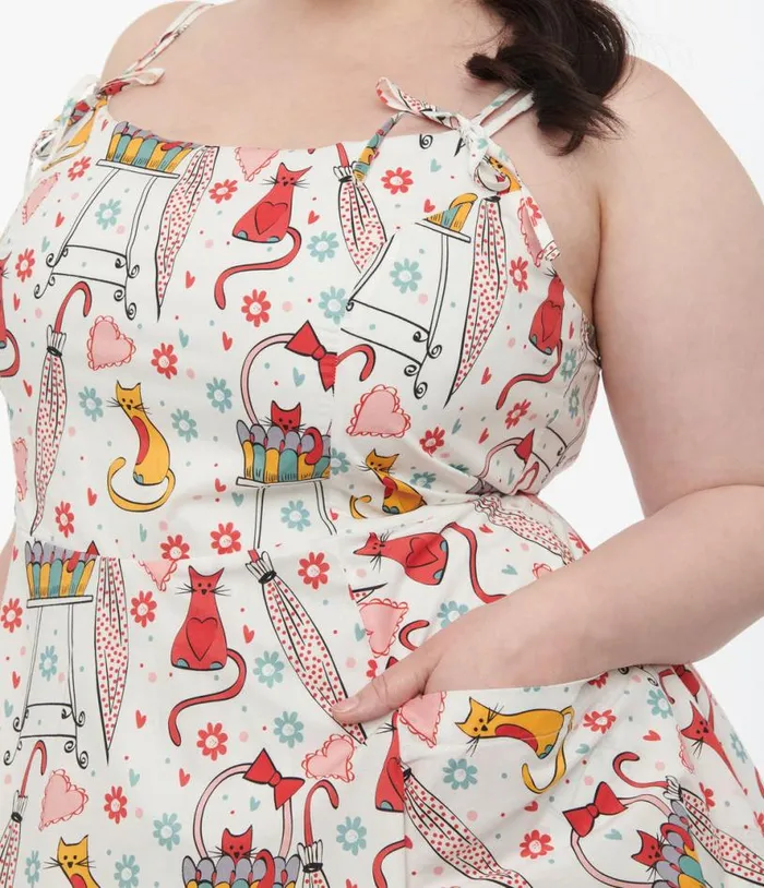 Plus Size 1950s Red and Yellow Cat Print Cotton Bobbie Swing Dress Dresses Unique Vintage Pocket Dresses