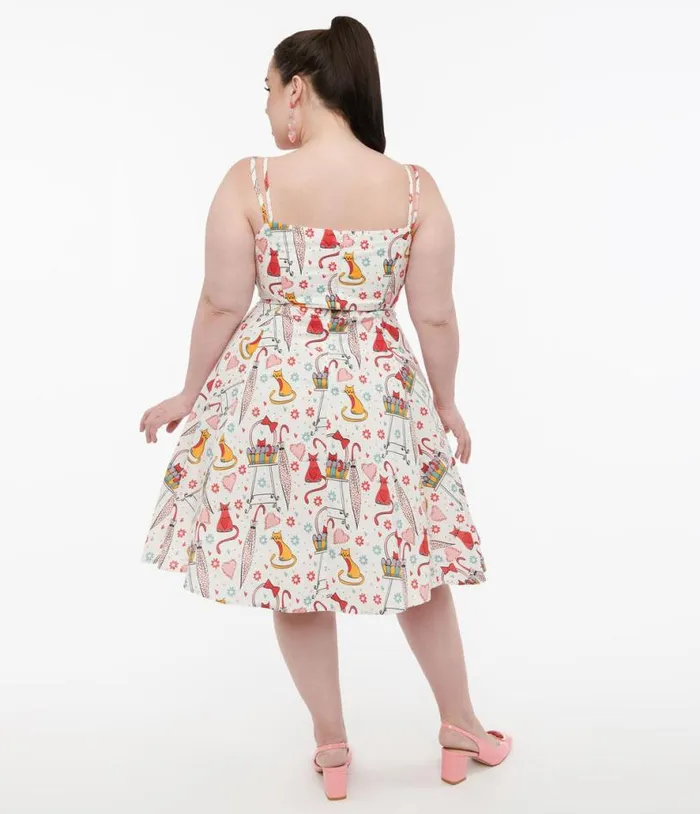 Plus Size 1950s Red and Yellow Cat Print Cotton Bobbie Swing Dress Dresses Unique Vintage Pocket Dresses