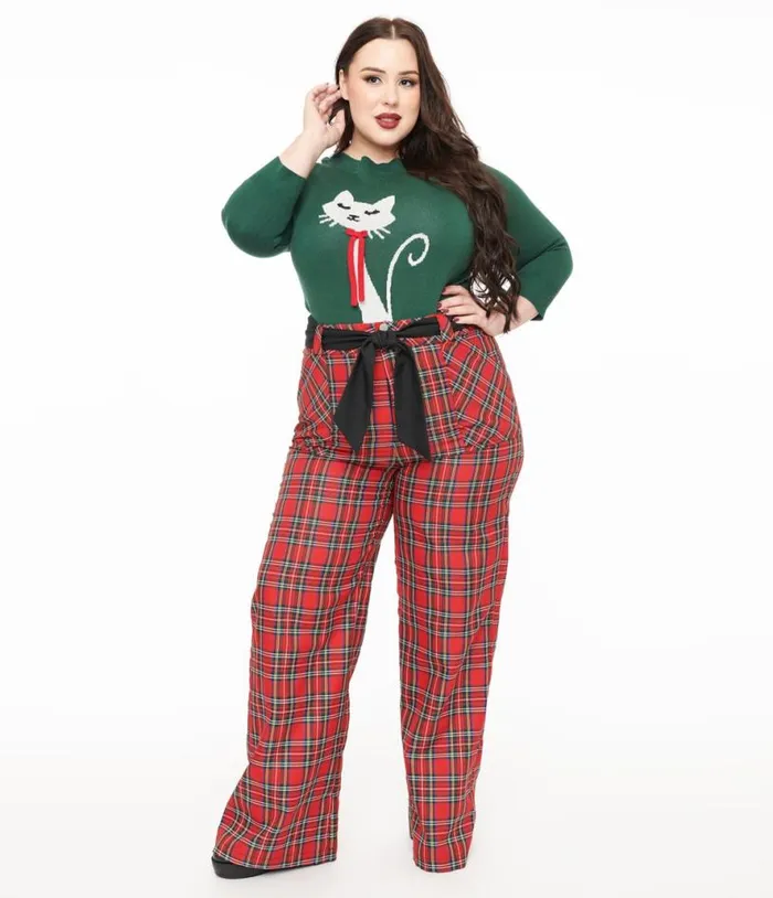 Plus Size 1950s Red Plaid Wide Leg Trousers ClothingPlus Unique Vintage Pants Plus Size 1950s Red Plaid Wide Leg Trousers ClothingPlus Unique Vintage Pants