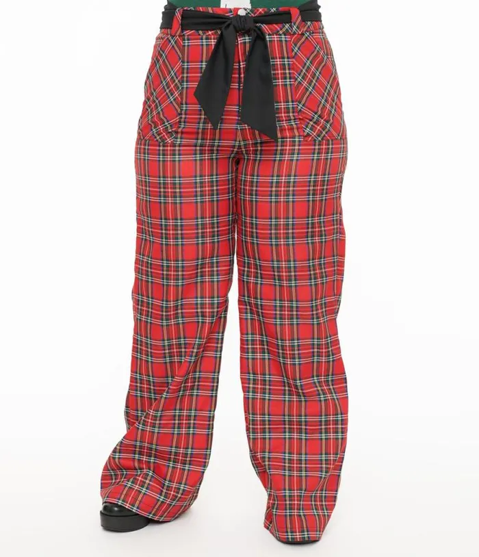 Plus Size 1950s Red Plaid Wide Leg Trousers ClothingPlus Unique Vintage Pants