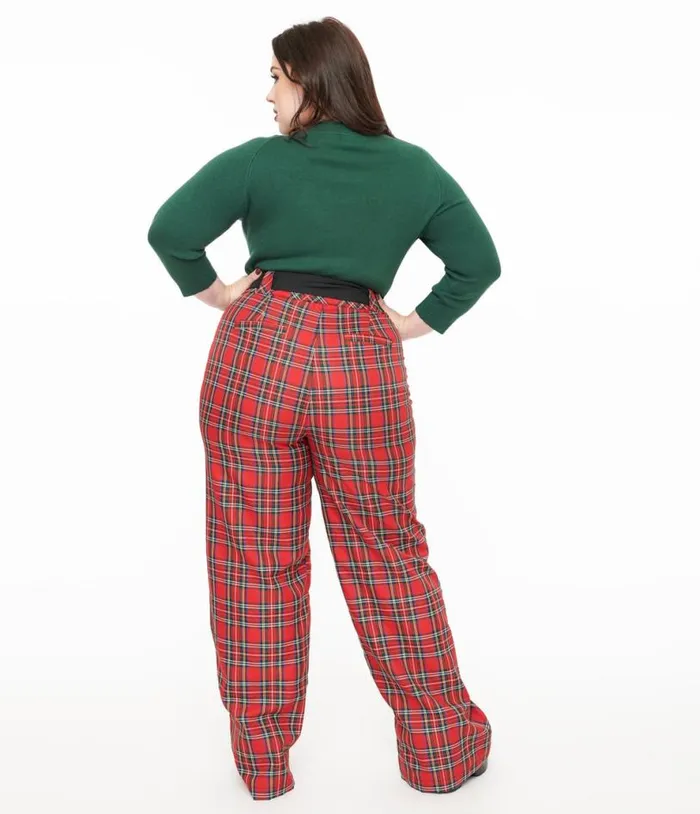 Plus Size 1950s Red Plaid Wide Leg Trousers ClothingPlus Unique Vintage Pants