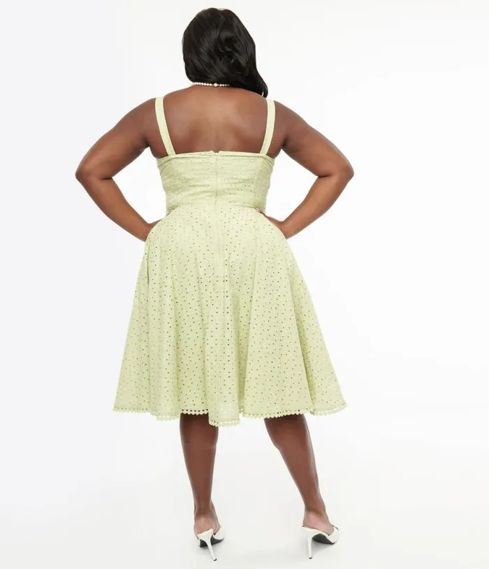 Plus Size 1950s Sage Green Eyelet Cotton Valerie Dress DressesPlus Unique Vintage Swing