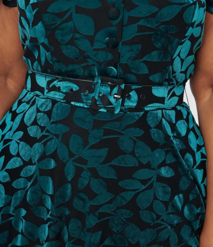 Plus Size 1950s Teal and Black Velvet Burnout Capelet Swing Dress DressesPlus Unique Vintage Pocket Dresses