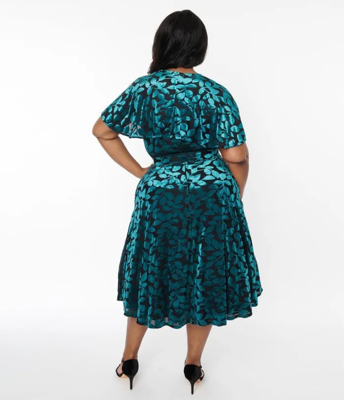 Plus Size 1950s Teal and Black Velvet Burnout Capelet Swing Dress DressesPlus Unique Vintage Pocket Dresses
