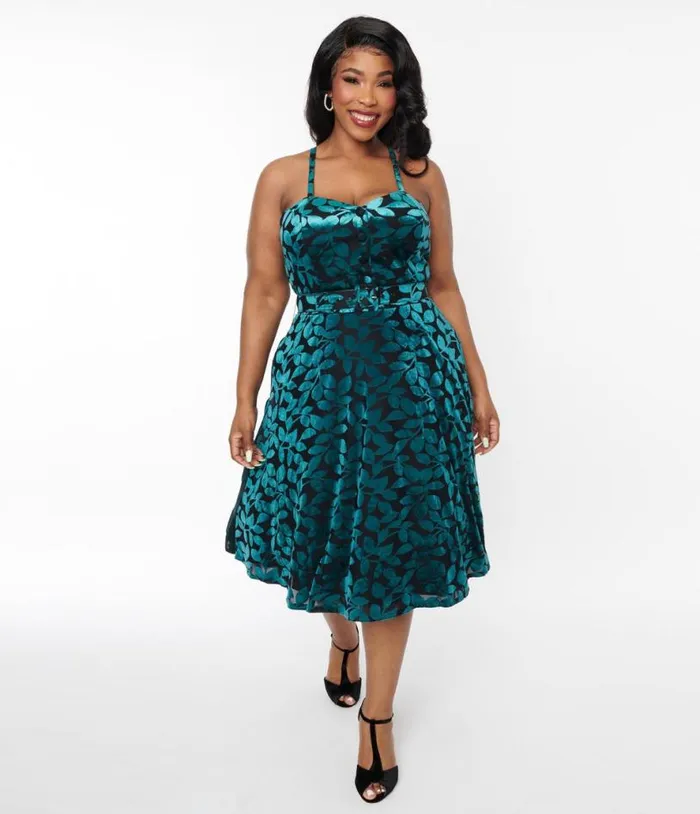 Plus Size 1950s Teal and Black Velvet Burnout Capelet Swing Dress DressesPlus Unique Vintage Pocket Dresses