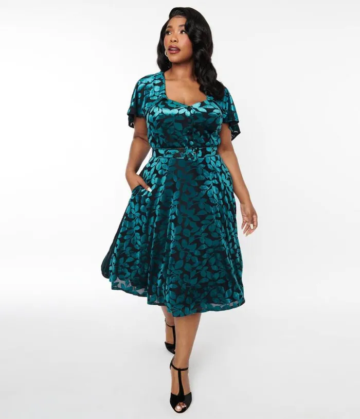 Plus Size 1950s Teal and Black Velvet Burnout Capelet Swing Dress DressesPlus Unique Vintage Pocket Dresses