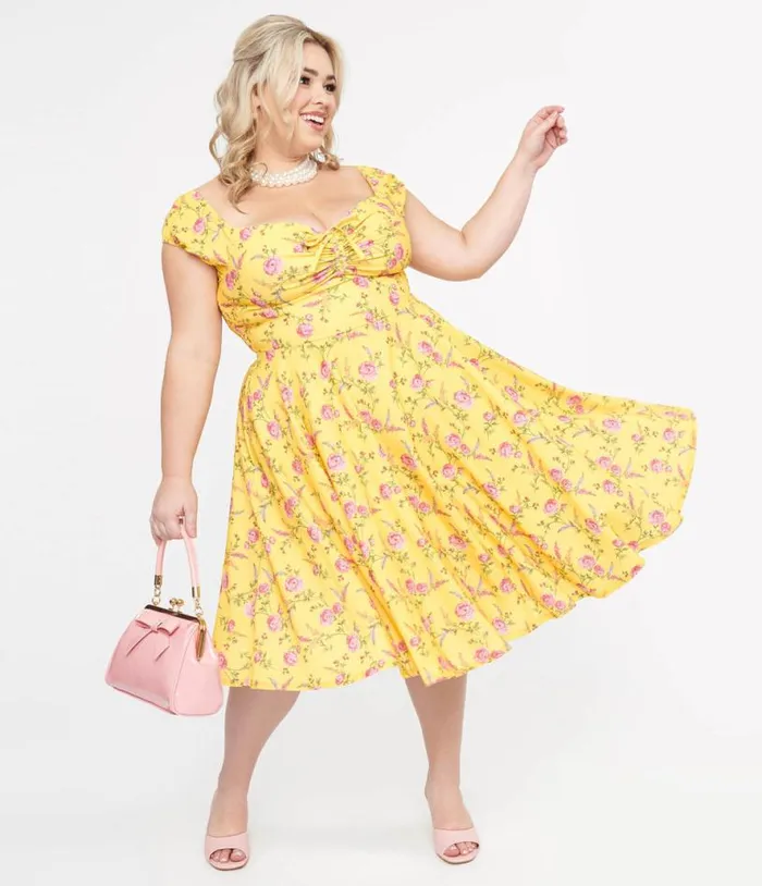 Plus Size 1950s Yellow and Fuchsia Floral Victoria Swing Dress DressesPlus Unique Vintage Pocket Dresses Plus Size 1950s Yellow and Fuchsia Floral Victoria Swing Dress DressesPlus Unique Vintage Pocket Dresses