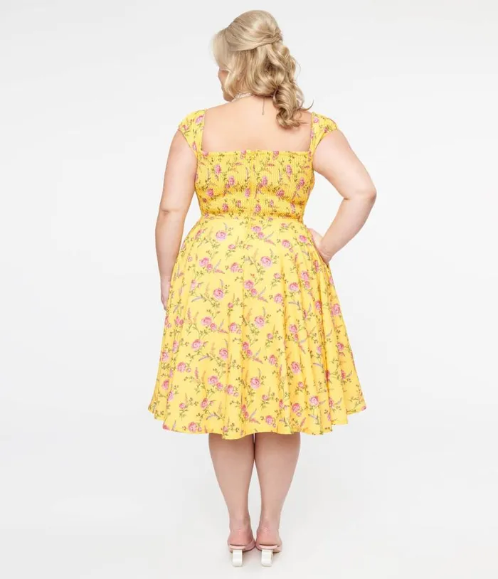 Plus Size 1950s Yellow and Fuchsia Floral Victoria Swing Dress DressesPlus Unique Vintage Pocket Dresses