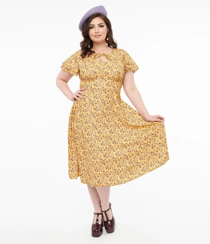 Plus Size 1950s Yellow and Purple Floral Capelet Swing Dress DressesPlus Unique Vintage Swing Plus Size 1950s Yellow and Purple Floral Capelet Swing Dress DressesPlus Unique Vintage Swing