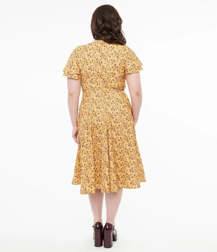 Plus Size 1950s Yellow and Purple Floral Capelet Swing Dress DressesPlus Unique Vintage Swing