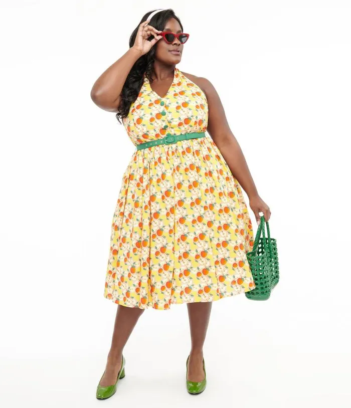 Plus Size 1950s Yellow and Red Apple Print Cotton Halter Swing Dress DressesPlus Unique Vintage Pocket Dresses Plus Size 1950s Yellow and Red Apple Print Cotton Halter Swing Dress DressesPlus Unique Vintage Pocket Dresses